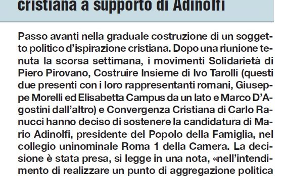AVVENIRE: Unione delle forze di ispirazione cristiana a supporto di Adinolfi